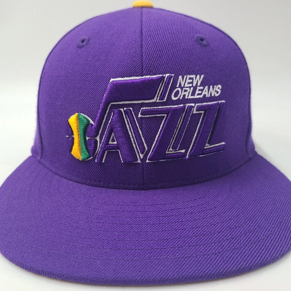 New Orleans Jazz Hat Fitted 7 Mitchell &‎ Ness Purple Yellow NBA Logo Wool Men